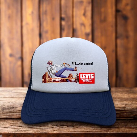 Vintage Levi's Mens Trucker Hat Navy Snapback Cowboy 1950's Advertisement Cap - Picture 1 of 4